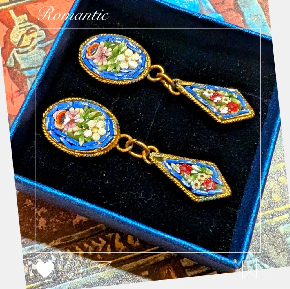 Antique Italian Micromosaic Dangle Earrings - Picture 2 of 6